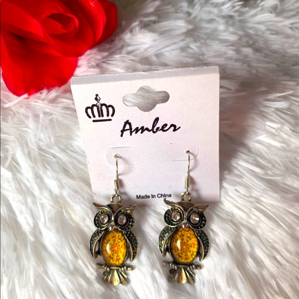 🦉 NEW Beautiful Amber Owl Dangle Earrings 🦉